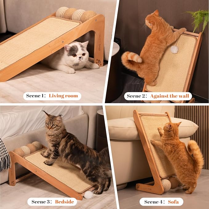 Sisal Cat Scratcher Ramp with Balls L-Shape Wooden(Upgraded) | 120° Dual-Use Cat Scratching Post. Built-In Ball Toy. Natural Sisal Scratch For Indoor. Protects Furniture. Quality Beech