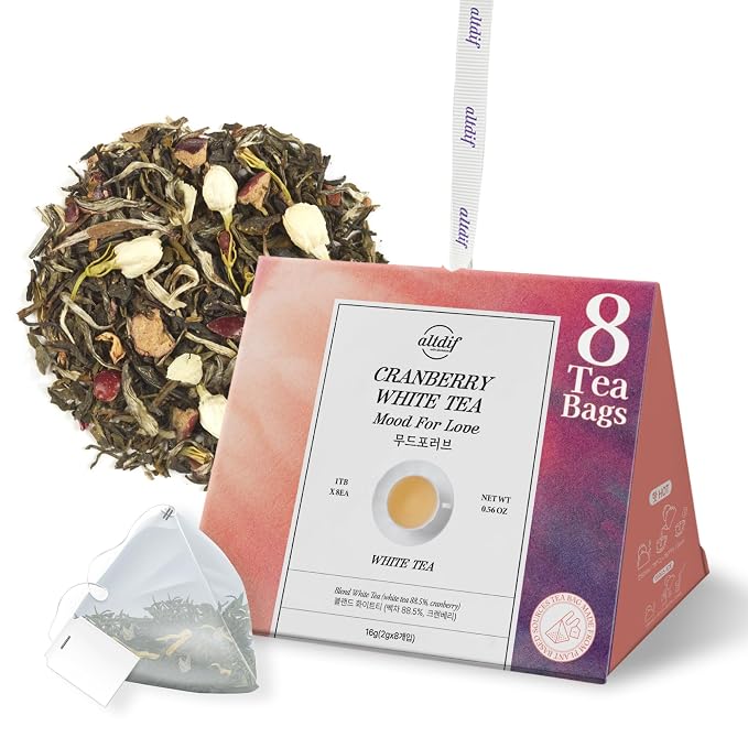 ALTDIF Cranberry White Tea Mood for Love Tea Bag Set – Sweet & Fragrant White Tea with Juicy Peaches and Jasmine Flowers – Luxury Herbal Tea Set for Relaxation & Romantic Moments - 8 Pyramid Teabags