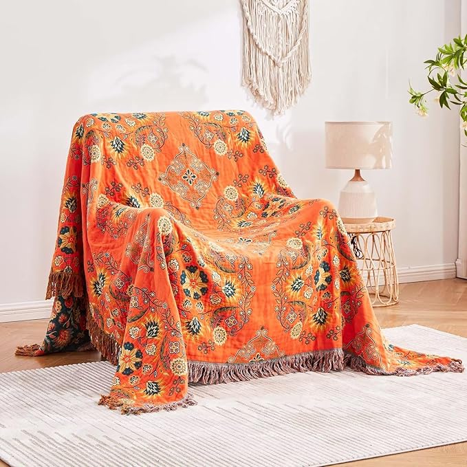 XIBLC Boho Throw Blanket 100% Cotton Ultra Soft Luxury Throw Rustic Quilt 50"x60" Floral Printed Farmhouse Decor Bed Summer Blankets All Season Rustic Reversible Bohemian Throw for Bed Orange