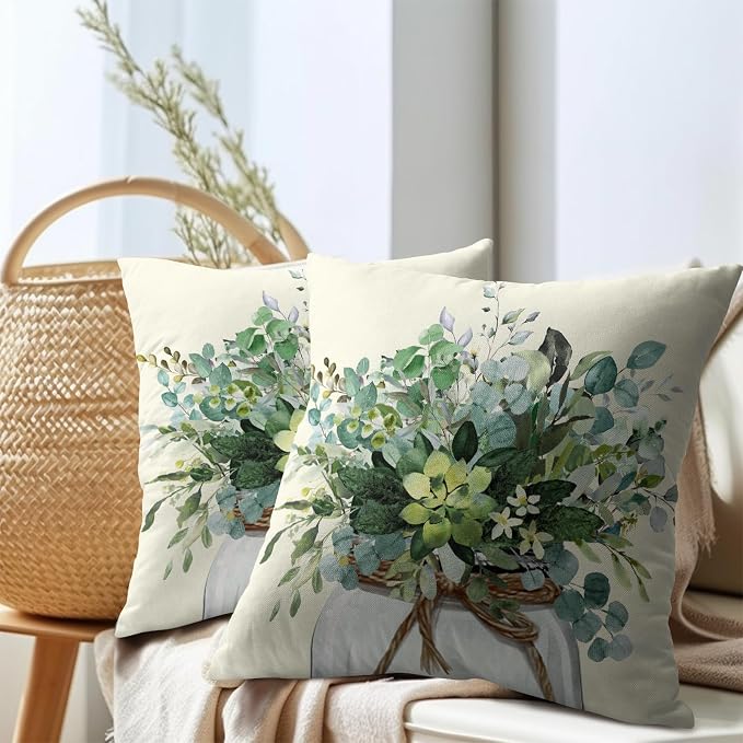 Kawani Eucalyptus Green Leaves Pillow Covers 18x18 Inch Set of 2 Greenery Plants Leaf Mason Jar Pillowcase Cotton Linen Square Cushion Case for Home Sofa Couch Farmhouse Decoration