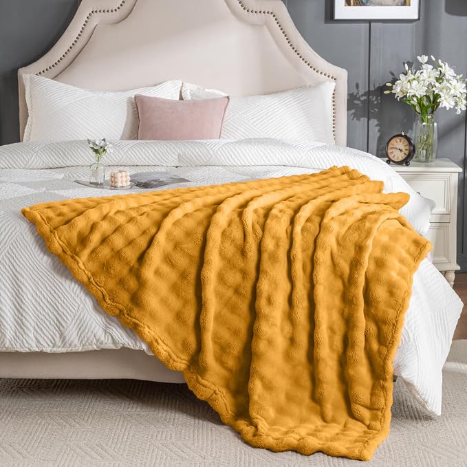 Yellow Throw Blanket for Couch, Soft Fluffy Bubble for Bed Sofa, Thick Warm Plush Fuzzy Rabbit Fur Blanket for Neutral Home Decor, 50"X 60"