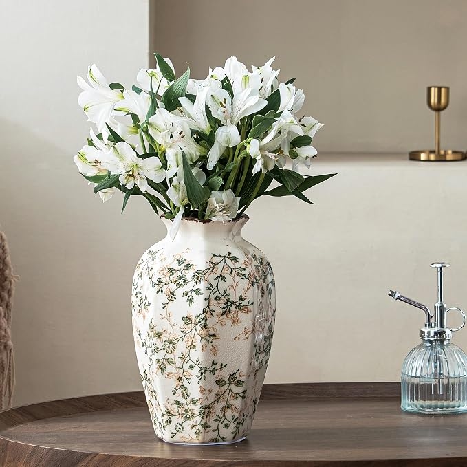 Ceramic Flower Vase for Home Decor, Vintage Green Decorative Vase 9.1 Inch | Rustic Farmhouse Floral Vase for Coffee Table, Living Room, Kitchen, Mantel, Bookshelf, Entryway, Wedding Centerpiece