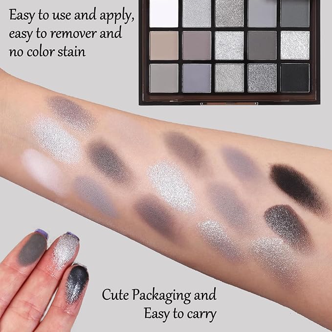 Black Grey Smoky Eyeshadow Palette,15 Colors Matte Shimmer Pigmented Eye Shadow Makeup Palette Set with 3 Eyeshadow Brushes,Glitter Eye Shadow Palette for Daily Halloween Goth Makeup(A)