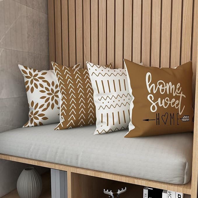 YCOLL Pillow Covers 16x16 Set of 4, Modern Sofa Throw Pillow Cover, Decorative Outdoor Linen Fabric Pillow Case for Couch Bed Car， Light Brown