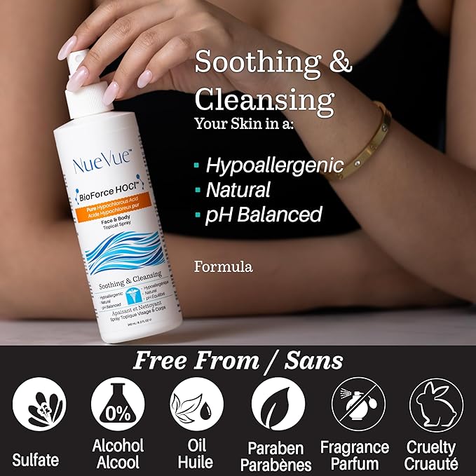 BioForce Pure Hypochlorous Acid Spray for Face & Body - Made in Canada - Gentle Skin Cleanser & Toner, Acne-Prone Skin, Eczema, Piercing aftercare, pH Balanced, Alcohol-Free, NueVue (2-Pack x 8.2oz)