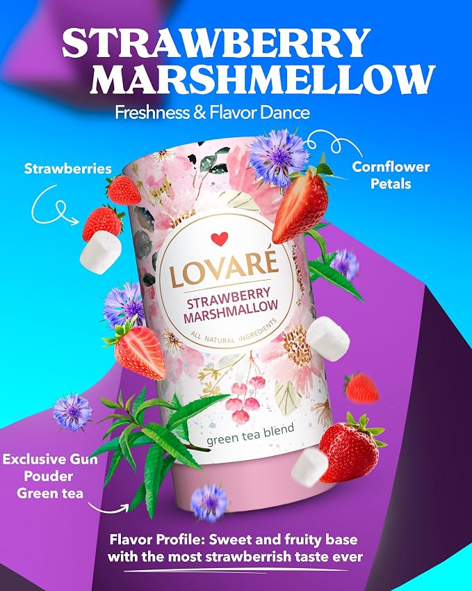 LOVARE Strawberry Marshmallow Loose Leaf Tea 80 g - Made in Ukraine - Green Tea, Cornflower Petals - Gift Box with 15 Paper Filters (Strawberry Marshmallow)