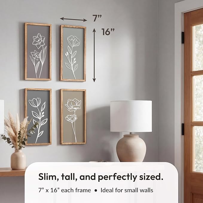 Tide and Tales 3d Framed Wall Art, Set of 4, Floral Boho Wall Decor | 7" x 16", Lightweight, Wooden, Ready-to-Hang Wall Decor for Living Room, Bathroom, Bedroom or Office, Botanical Farmhouse