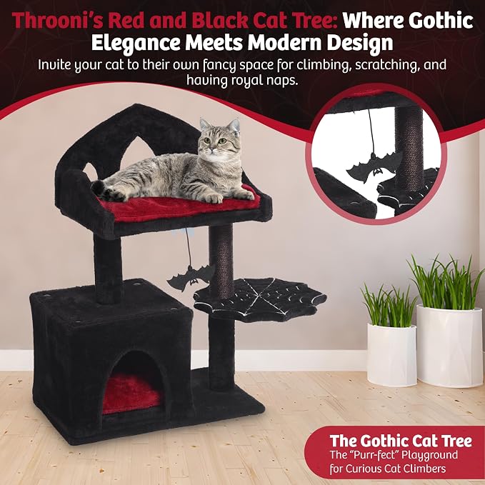 Gothic Cat Tree - 28in Black Cat Condo with Regal Throne Bed, Spooky Hanging Bat and Durable Sisal Scratching Post - Goth Cat Tree for Majestic Rest