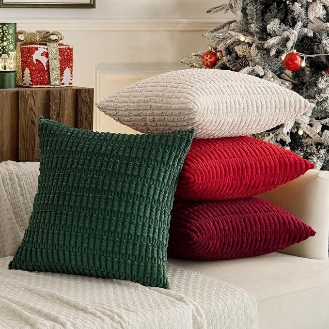 MIULEE Pack of 4 Christmas Throw Pillow Covers 20x20 Red and Green | Neutral Rustic Farmhouse Boho Soft Striped Pillow Covers,Home Decor for Sofa,Living Room,Couch,Bed