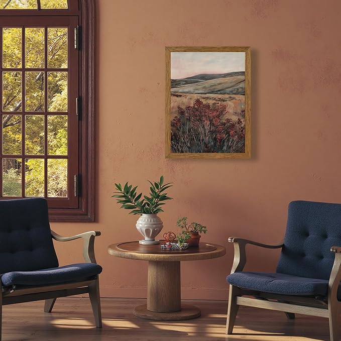 JLTULT Vintage Landscape Wall Art, Maroon Wood-Framed Canvas, 16 x 24 in | Moody maroon wildflower art on fade-resistant canvas with a ready-to-hang solid wood frame for bedrooms and living rooms