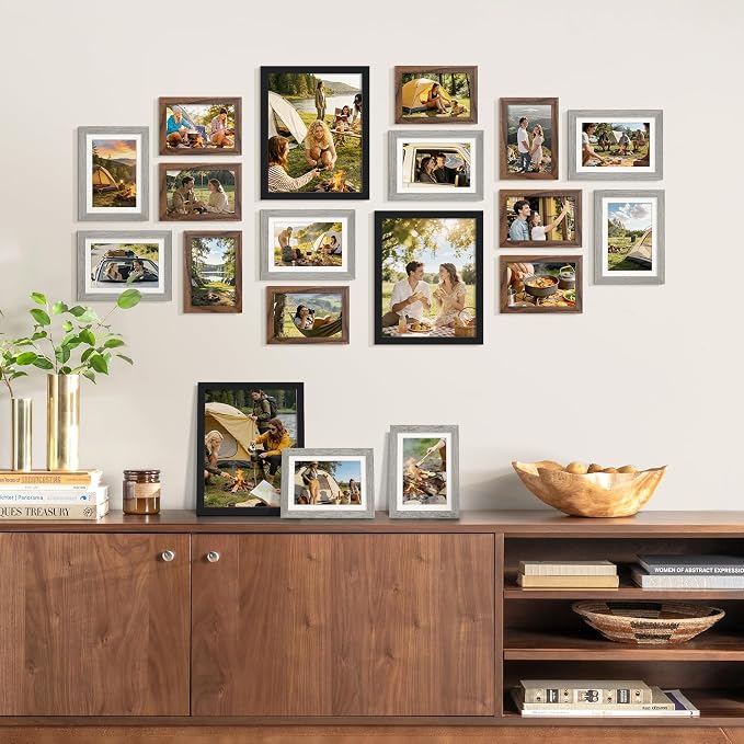 upsimples Picture Frames set of 19, Including 8x10, 5x7, 4x6 Rustic Frame | Black Brown Gray Multi Picture Frames Collage Wall Decor , Gallery Wall Frame Set, Gift For Christmas, Mothers' day, Wedding