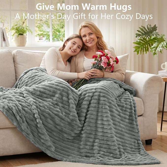 Gray Blankets Queen Size for Bed, 90 x 90 Inch | 300GSM Ribbed Fleece Blanket, Soft, Cozy & Lightweight, OEKO-TEX Certified, All-Season for Bedrooms, Guest Rooms & Gifting