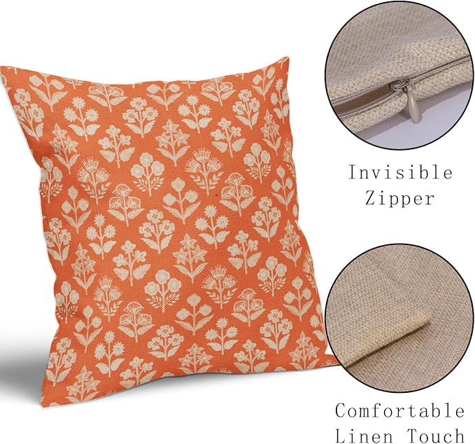 Orange Floral Pillow Covers 24x24 Inch Set of 2, Vintage Flower Block Print Pattern Decorative Throw Pillowcases Outdoor Farmhouse Cushion Covers Spring Summer Rustic Sofa Couch Bed Decor