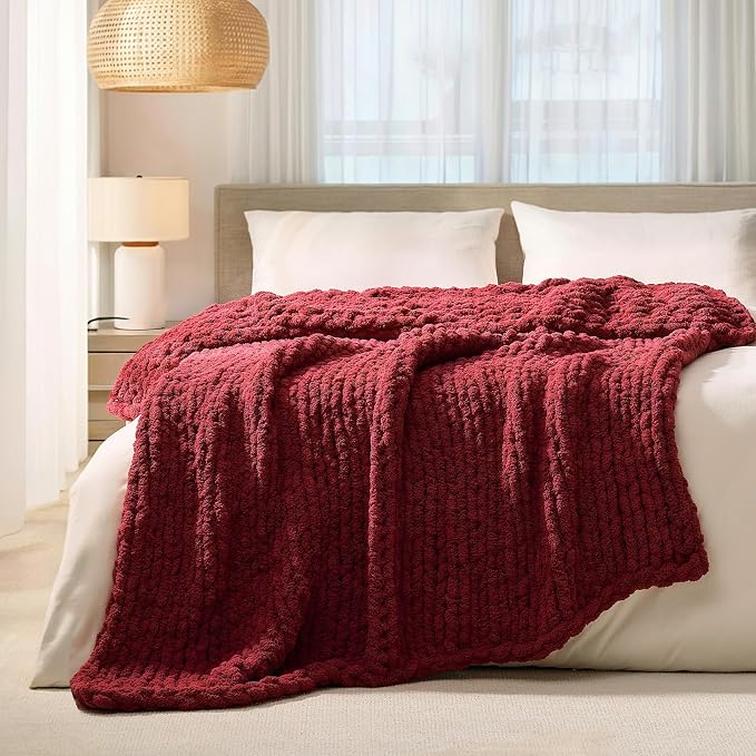 L'AGRATY Chunky Knit Throw Blanket for Couch, 60 x 80 Inches, Maroon Red | Handmade Chenille Crochet Blanket for Sofa Bed, Thick Cable Knitted Blankets for Room Home Decor, Birthday Gift for Women Mom