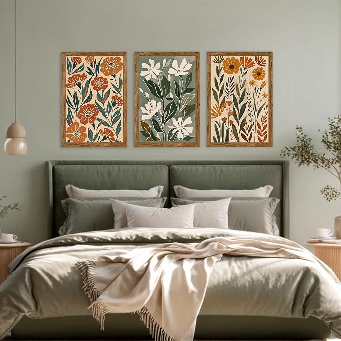 Urmoya 3 Pieces Boho Floral Decor Flower Market Wall Art, 16x24 Inch | Wood framed, Chic green and beige botanical trio, Ready to hang, for living room, Office, or guest bedroom home decor