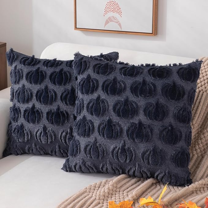 DFXSZ Fall Pillow Covers 20x20 2Pcs Navy Blue Pumpkin Fall Decorations | Fall decor Set of 2 Throw Pillow Cases Soft Plush Faux Fur Wool Couch Cushion for Chair Sofa Bedroom Living Room Home Decor
