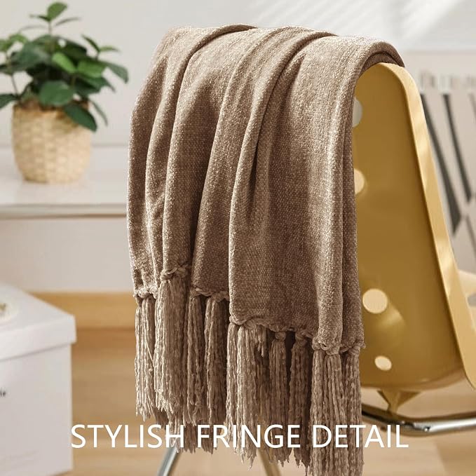 Chenille Throw Blanket for Couch 50" x 60", Taupe | Soft Cozy Warm Throws with Fringe Tassel, for Living Room Bed Sofa Chair Cover, Lightweight Knitted Decorative Boho Blankets