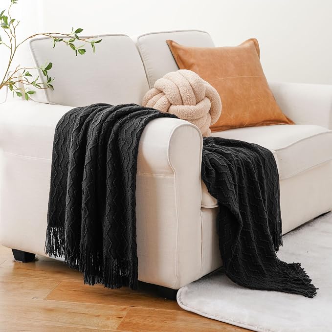 BATTILO HOME Black Throw Blanket for Couch, Boho Black Throws for Home Decor, Soft Throw Blankets for Bedroom Decor Housewarming Gifts, 50"x60"