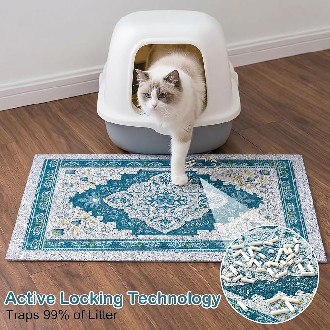 Glittme Cat Litter Mat with Non-Slip Bottom Litter Box Mat 33"X22" Litter Trapping Mat Easy to Clean Washable Cat Food Mat for Kitty,L