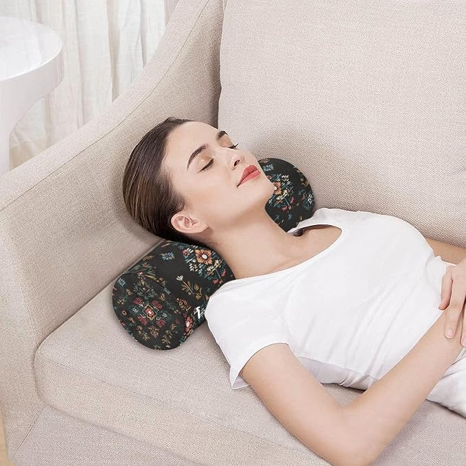 Black Boho Flower Neck Roll Pillow Bolster Round Health Memory Foam Long Cervical Cylinder Pillows with Removable Washable Cover for Body Bed Legs Back Yoga