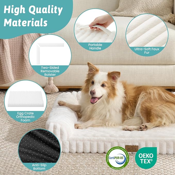 COZY KISS Faux Rabbit Fur Medium Dog Bed – 36"x27" Orthopedic Foam Couch with Sides, Removable Washable Cover & Waterproof Lining, Cream