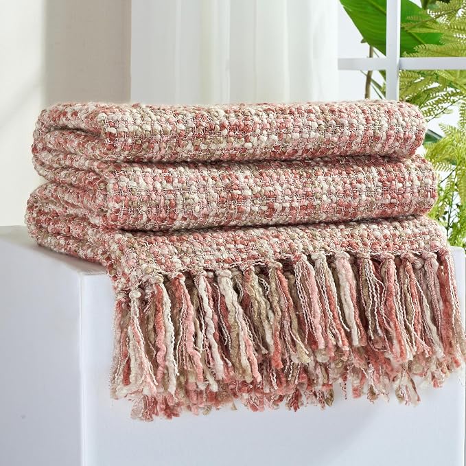 Multi-Color Cable Woven Throw Blanket for Couch - 60"X80" | Multicolored Boho Style,Super Soft Warm Cozy Chunky Blankets with Decorative Tassels for Bed and Sofa,Light Pink