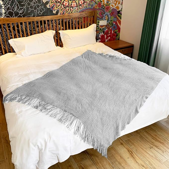 LOMAO Knitted Throw Blanket with Tassels Bubble Textured Lightweight Throws for Couch Cover Home Decor (Light Grey, 60x80)