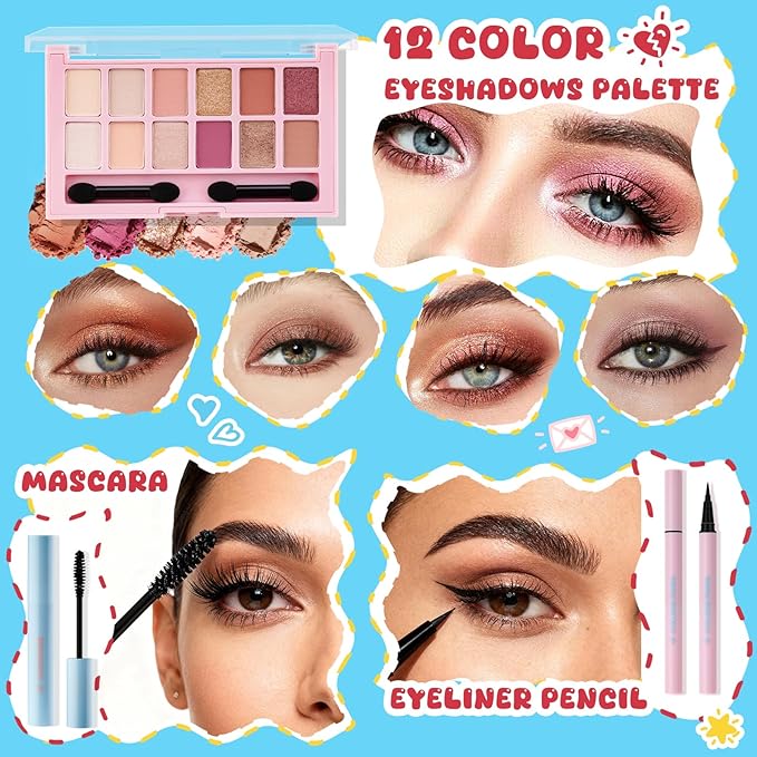 Color Nymph Girls Makeup Kit For Teen Girls & Women with Cutie Pie Handbag, All In One Girl Makeup Sets for Women Full Kit with Eye shadow, Face Blush Contour Highlighter Lipgloss Mascara and Mirror