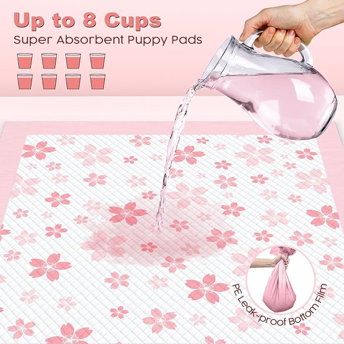 MIZOK Pink Puppy Pads with Adhesive Tabs Disposable No Leak XL 28x34in 40Ct | Cute Cherry Blossom Prints Provide 6 Layer Protection Extra Absorbent Doggy Pads Designed for Clean Daily Indoor Use