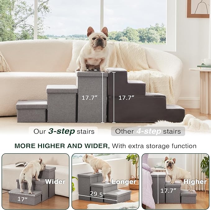 Love's cabin Dog Stairs for High Bed, Foldable Pet Stairs for Small Medium or Large Dogs Puppy with Storage for Bed or Couch, Cat Dog Steps Ramp with Zip up to 200 lbs, Solid Grey, 3 Steps