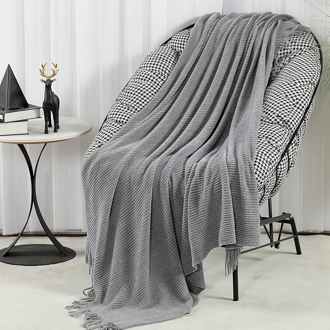 Blagic Chenille Throw Blanket for Couch and Bed,Light Gey,50"x60" | Soft Farmhouse Boho Throw Blanket with Tassels,Decorative for Living Room,Stripe Textured Throws for Bed/Chair/Sofa