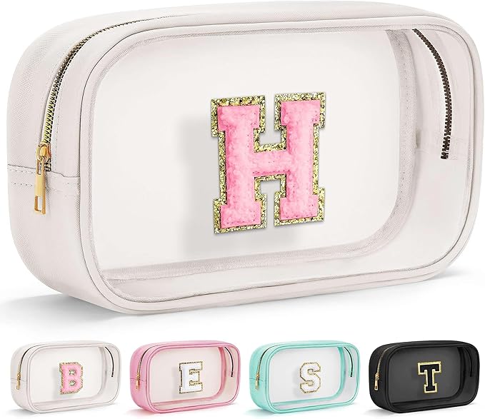 YOOLIFE Initial Make Up Bag Travel Toiletry Bag, Clear Makeup Bag Preppy Cosmetic Bag Travel Essentials Gifts for Women Teen Girlfriend Teacher Mom Birthday Daughter Gifts Swim Gifts For Girls White H