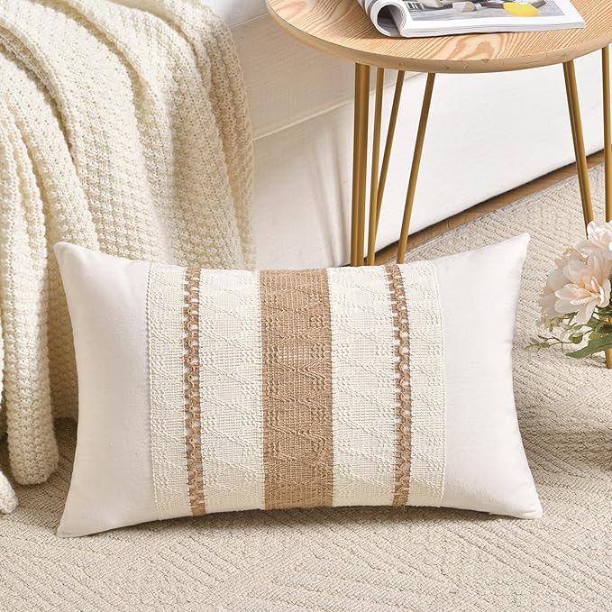 Fancy Homi Set of 2 Boho Neutral Long Lumbar Decorative Throw Pillow Cover 16x24 Inch for Couch Bed Sofa Chair, Modern Organic Farmhouse Home Decor, Soft Cotton Cute Accent Tan Rectangle Cushion Case