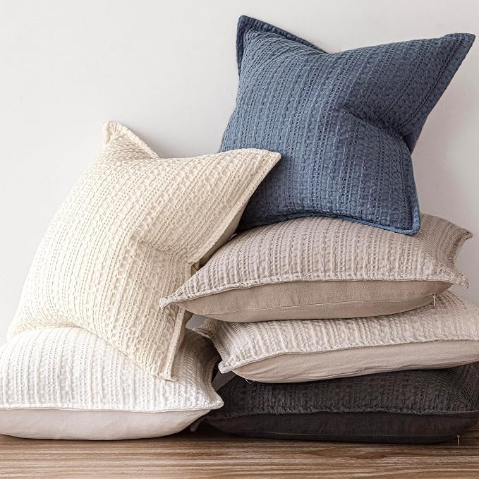 Foindtower Set of 2 Decorative Cotton Waffle Weave Throw Pillow Covers Euro Shams Cushion Covers Accent European Pillowcase for Bed Couch Sofa Bedroom Living Room Home Decor 22×22 Inch Blue