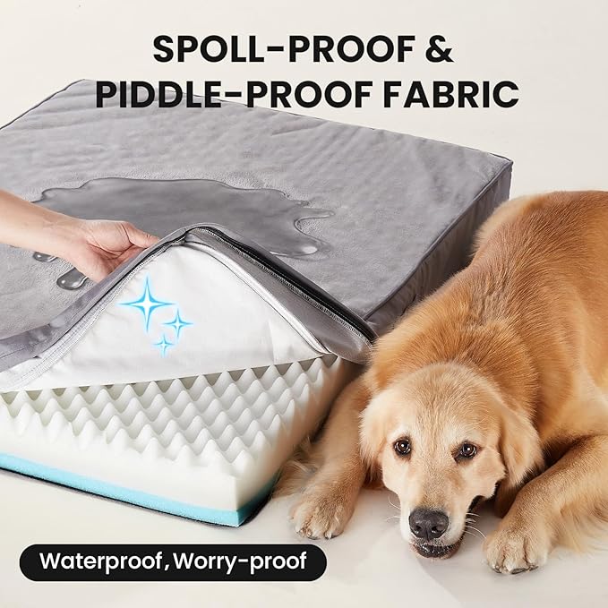 OhGeni Orthopedic Waterproof Large Dog Bed, Memory Foam, 41 inch(Gray) | Machine-Washable Removable Cover in Easy-Clean Fabric, Reversible Memory Foam & Easy-Carry Handle, Suitable for Crate