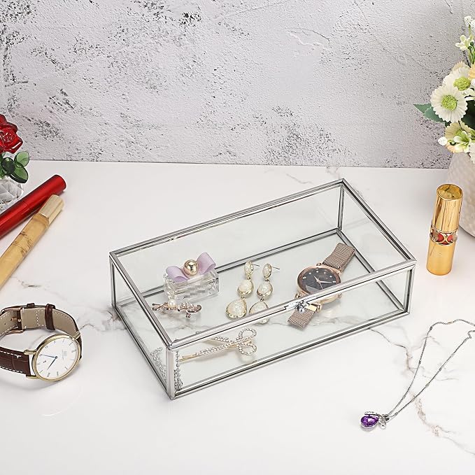 Hipiwe Glass Keepsake Display Box Large Clear Jewelry Lidded Boxes with Lid | Decorative Glass Boxes Rectangle Display Organizer for Trinket Perfume Collection - Gift for Birthday Anniversaries