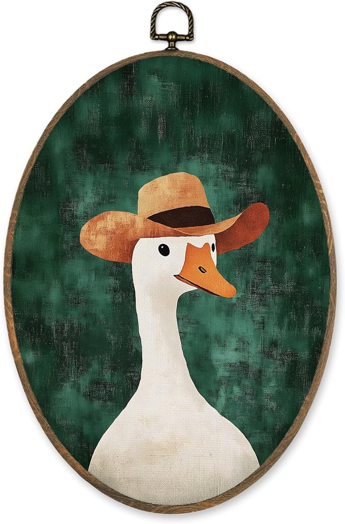 LKETW Vintage Western Silly Goose Oval Wall Art Decor, Farmhouse Cowboy Goose Oval Canvas Hanging Decor, Retro Western Farm Animals Wall Decorations for Home Bedroom Nursery Room, 8.6x11.4 Inch