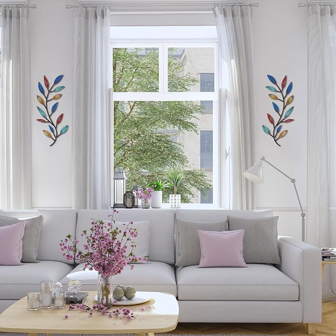 Zhengmy 2 Pcs Metal Leaf Wall Art Vine Branch Decor,Elegant Color | Olive Branch Metal Decor for Living Room Hallway, Symmetrical Leaf Pair for Doorway Entryway, Lightweight Hanging Art Design