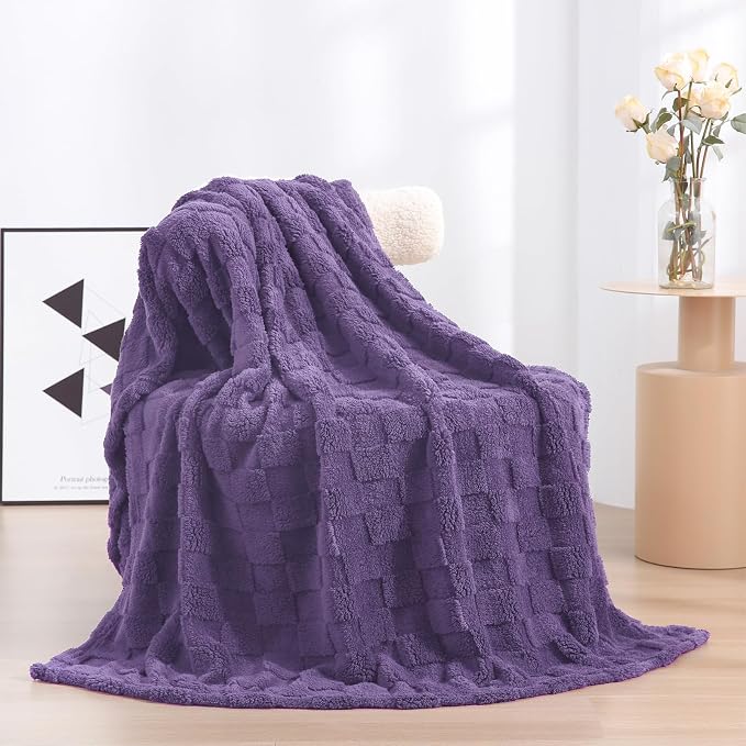 Lavender Fleece Throw Blanket 50”×60”Checkered Design for Couch | Super Soft Cozy Plush Microfiber 3D Square Pattern Flannel Blanket for Sofa Bed Lightweight for Adults,Women
