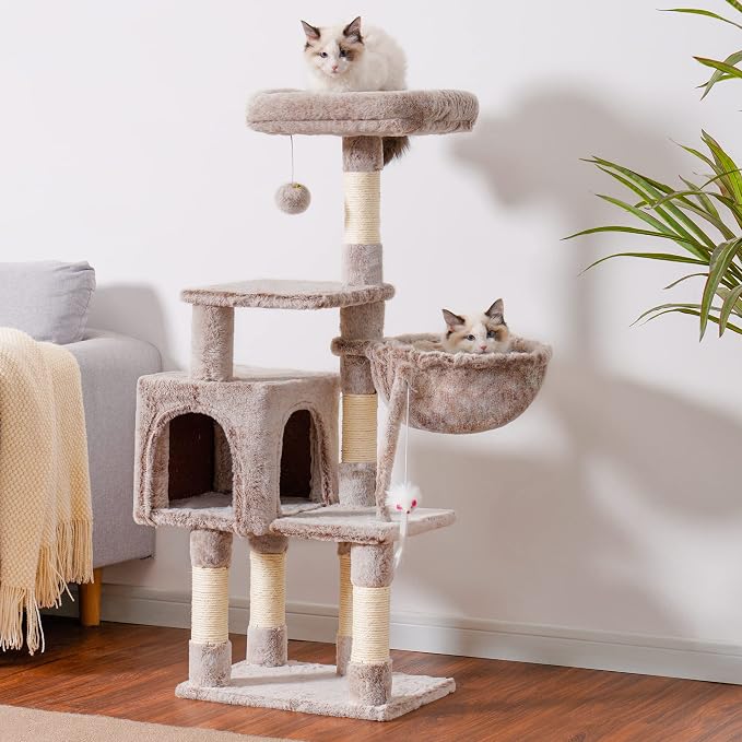 Heybly Cat Tree with Toy, 43.3 inch Cat Tower for Indoor Cats HCT004SMU | Cat Condo with Durable Sisal Scratching Posts, Cat House with Padded Plush Perch, Cozy Hammock, Rosy Brown