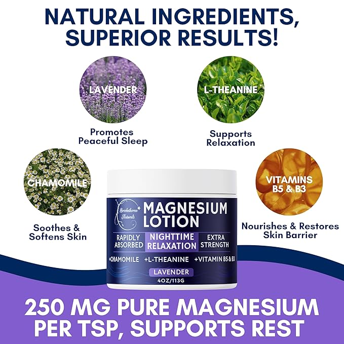 Nighttime Magnesium Lotion for Sleep | Lavender Magnesium Cream with L-Theanine & Chamomile | Topical Cream for Relaxation Adults & Kids | Non-Greasy, Vegan, Made in USA | 4oz by Brookethorne Naturals