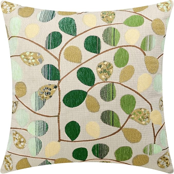CaliTime Decorative Throw Pillow Covers 16 X 16 Inches Ecru Green | Luxury Chenille Cute Leaves Cushion Case Shell for Couch Sofa Bed Living Room Home