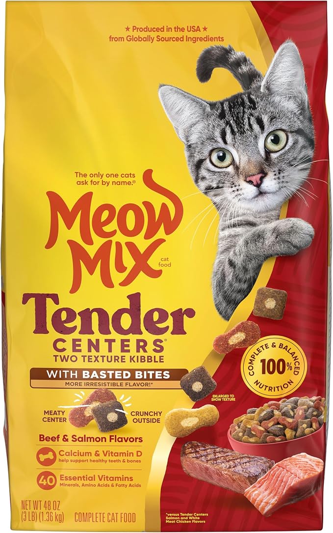 Meow Mix Tender Centers, Dry Cat Food, Beef & Salmon Flavors, 4 Bags | 3-lb bags, two texture kibble, meaty center surrounded by a crunchy outer layer, basted bites for irresistible flavor