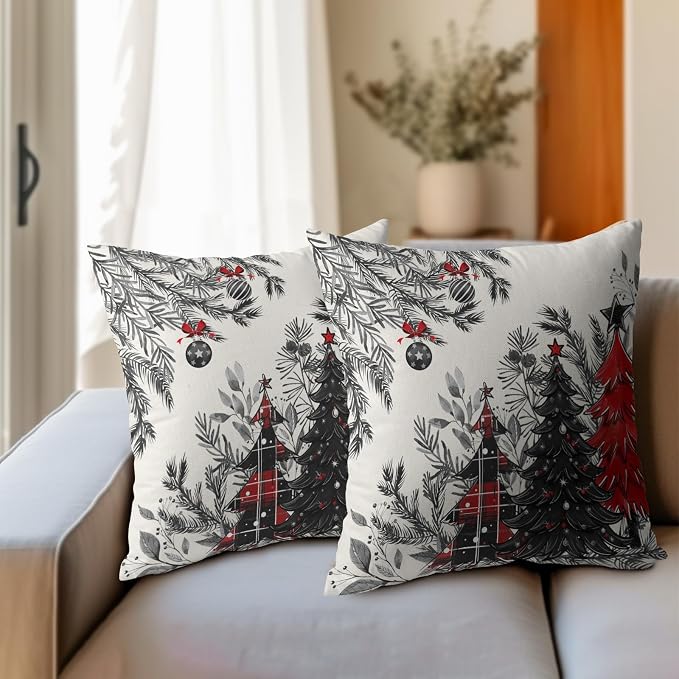 Kawani Vintage Christmas Trees Pillow Covers 22x22 Inches, 2 Pcs Red Black Xmas Plaid Tree and Bells Square Pillowcase Cotton Linen Cushion Case for for Home Home Party Sofa Decoration