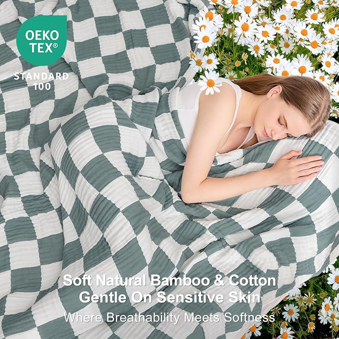 EMME Cooling Muslin Queen Blanket for Bed - Checkered Lightweight Summer Cotton Blankets of Rayon Derived from Bamboo for Hot Sleepers, Ultra Soft Breathable Gauze
