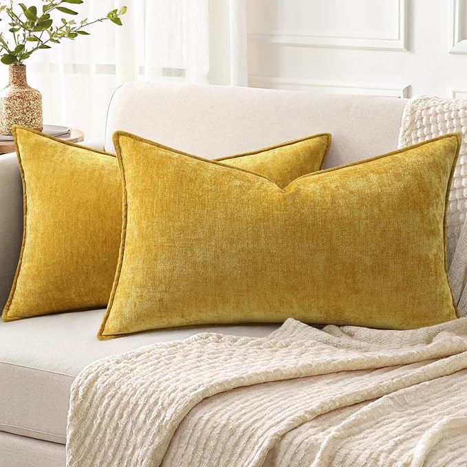 decorUhome Chenille Mineral Yellow Throw Pillow Covers 12x20 Set of 2 | Fall Soft Lumbar Couch Decorative Modern Velvet Pillow Cases with Elegant Design for Sofa Bed Living Room Home Decor