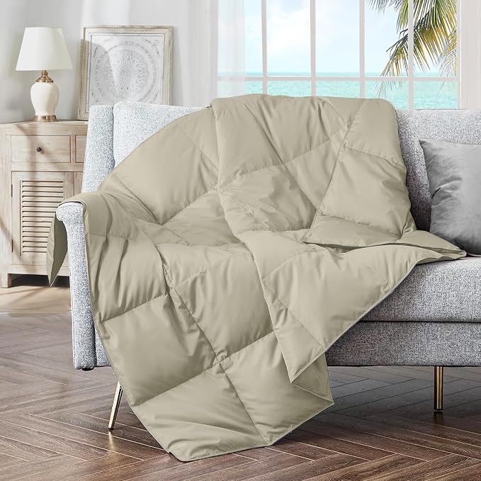 puredown® Soft Feather Down Throw Blanket Lightweight Packable Couch Throw for Indoor and Outdoor Use, Throw 50"X70", Beige