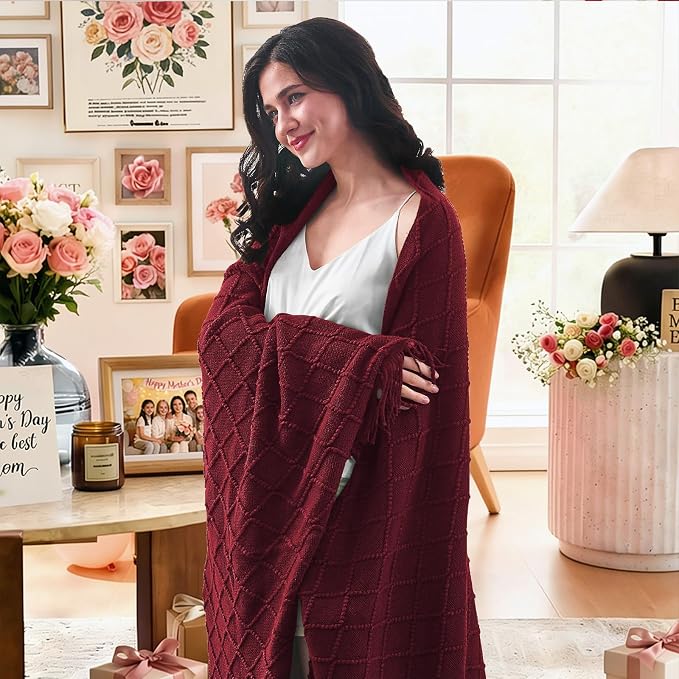 inhand Claret Knitted Throw Blanket for Couch and Bed, 60"x80" | Gifts for Mom from Daughter Son, Soft Lightweight with Tassel, Farmhouse Warm Decorative Blanket for Women, Cozy Knit