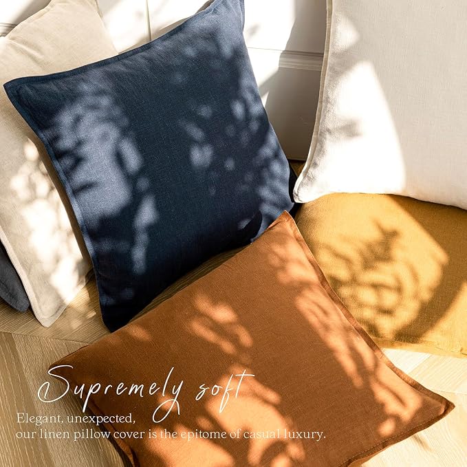 Foindtower Pack of 2, Decorative Linen Solid Throw Pillow Covers Soft Accent Square Cushion Case Boho Farmhouse Pillowcase for Chair Couch Sofa Bedroom Living Room Home Decor 24 x 24 Inch Navy Blue
