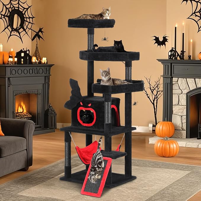 YITAHOME Gothic Cat Tree with Coffin Bed, 63" Tall Cat Tower for Indoor Cats with Top Perch, Spacious Cat Condos, Spider Hanging Balls,Comfy Hammock, Scratching Post and Ladder, Black Halloween | Cat Tower with Top Perch, Spacious Cat Condos, Spider Ha...